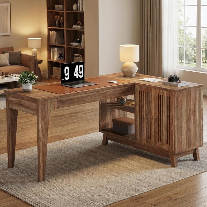 L Shaped Desk with Storage Cabinet - 57" Modern Corner Computer Desk | Space-Saving Wood Writing Desk for Home Office