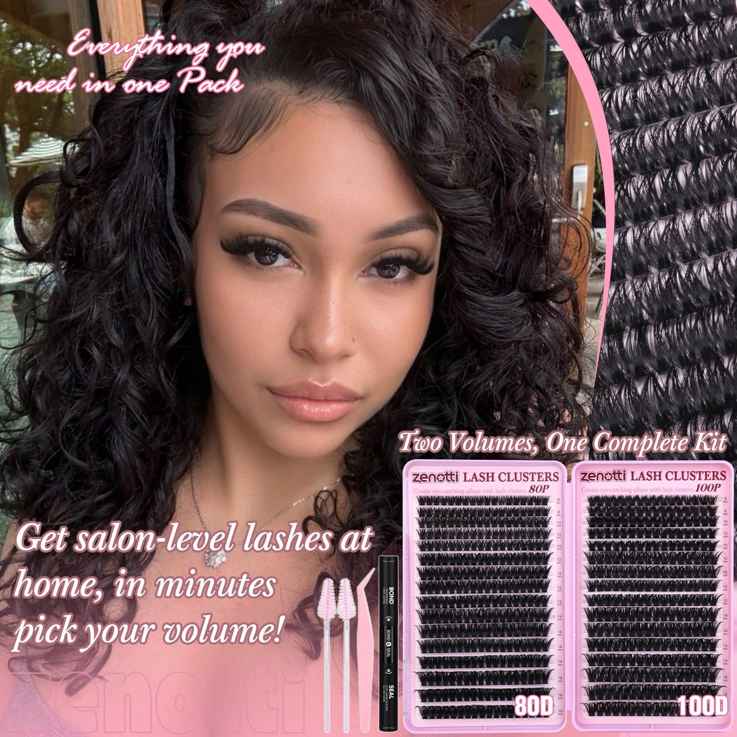 Lash Clusters Kit Fluffy 80D 100D Eyelash Clusters Kit 544PCS Wispy Cluster Eyelash Extensions D Curly Individual Lashes 8-16mm Soft Band DIY at Home with Lash Bond&Seal Tweezers Brush by zenotti