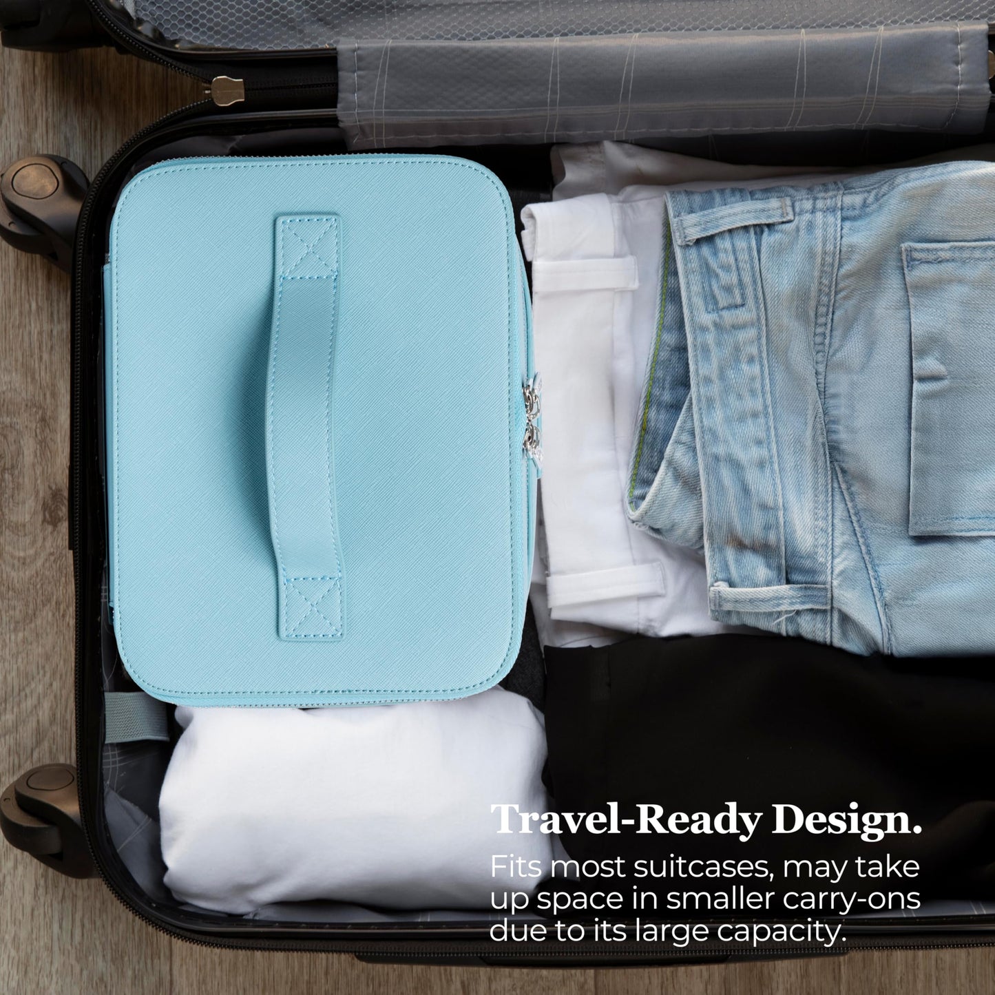 ZEVGANI Travel Makeup Bag Vanity Case with Mirror, Large Toiletry Bag Portable Leather Makeup Bag Organizer with Dual Compartments Removable Dividers for Skincare & Brushes, Blue
