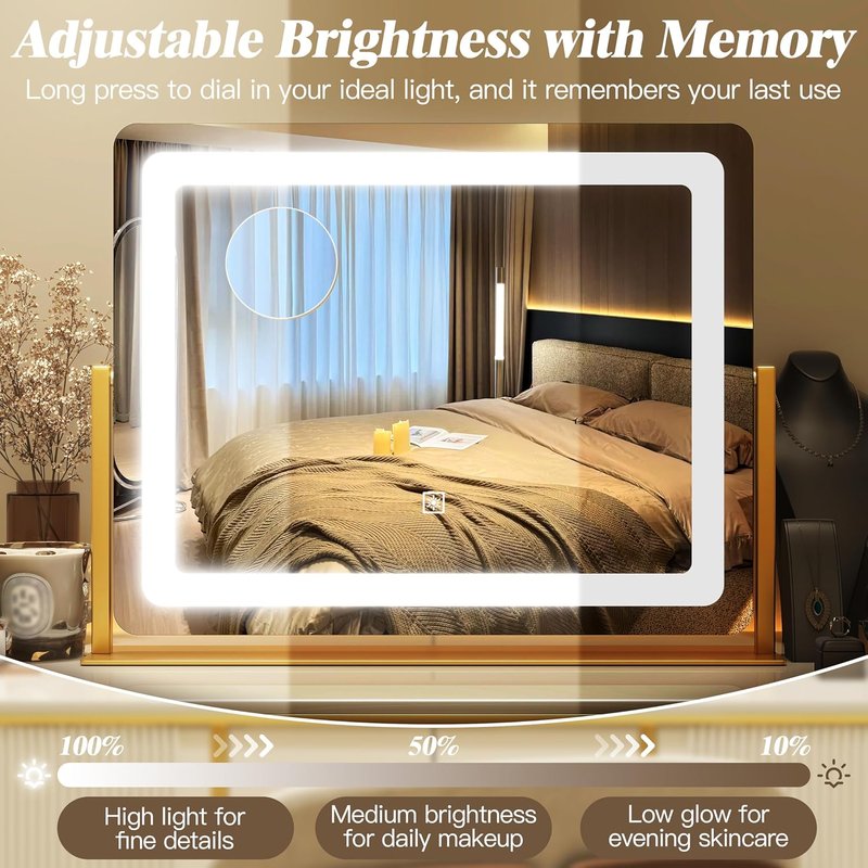 LED Vanity Mirror with Lights - 17" x 22" Lighted Makeup Mirror with 10X Magnification | 3 Color Modes & Dimmable - Gold Finish