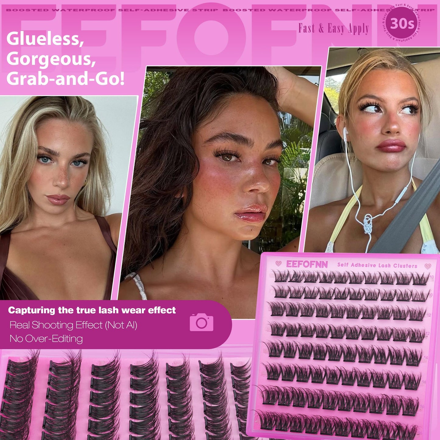 Self Adhesive Eyelashes Wispy Pre Glued Lashes Natural Self Adhesive Lash Clusters 10-16mm Press On Lashes DIY Eyelash Extension Kit No Glue Needed Spider Cluster Lashes with Tweezers by Eefofnn