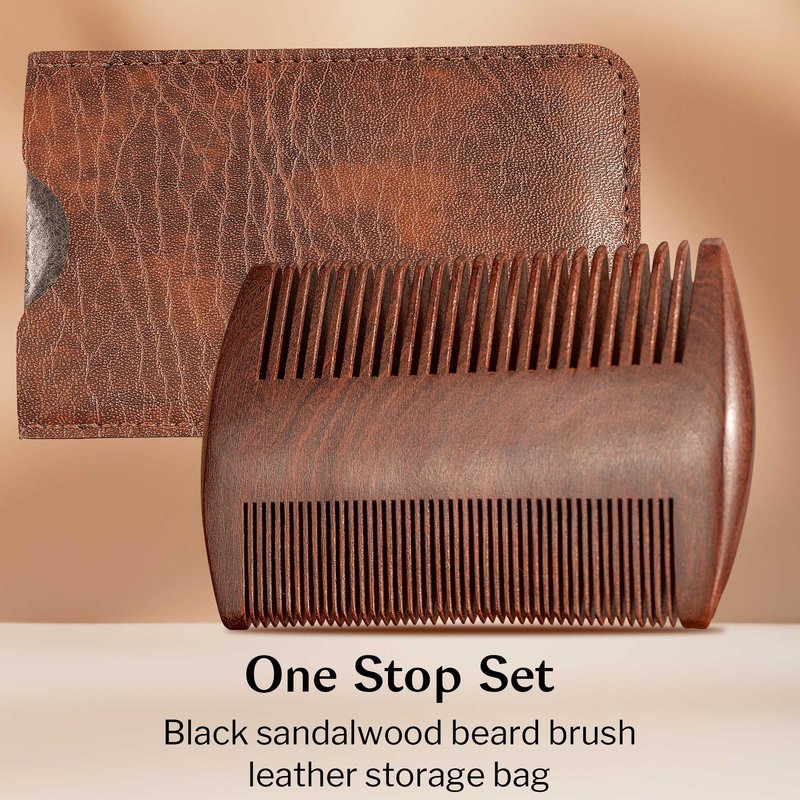 GROOMAGE 3PCS Beard Brush Comb Set for Men, Black Walnut Wood Dual Beard Comb & Case, Men's Natural Wooden Mustache Brush Kit - Medium Hardness