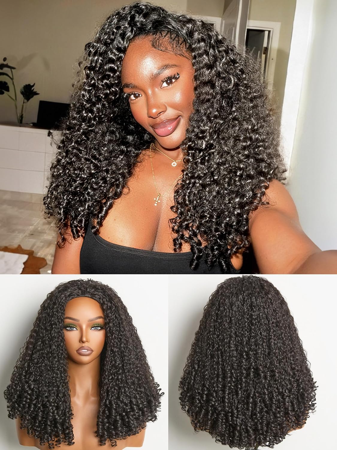 Frodio Kinky Curly Half Wig - 20" Glueless Drawstring Wig | 200% Density Natural Black Hair