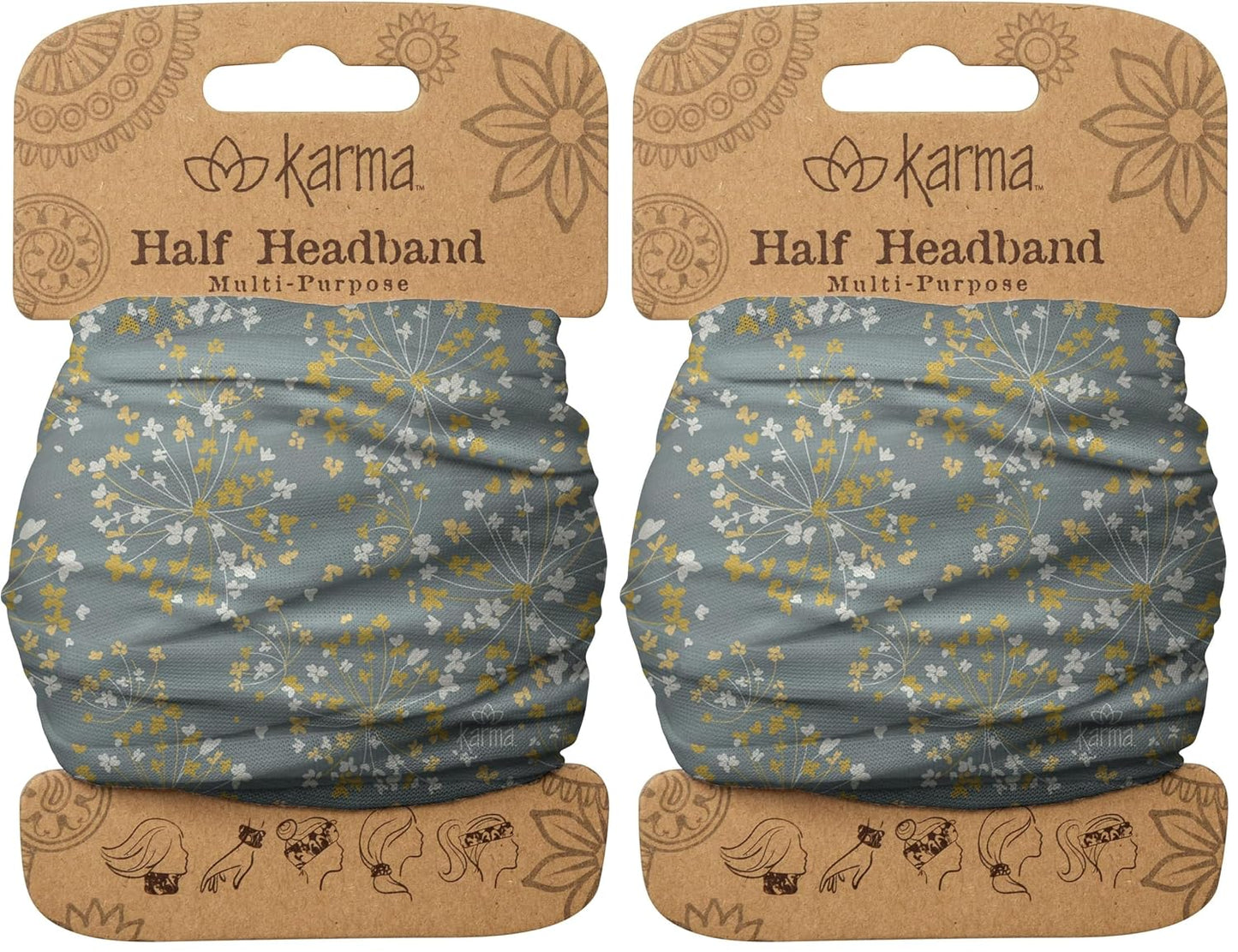 Floral Headband for Women | Stretchy Fabric Hair Scarf - Light Tan & Blue - Medium Size
