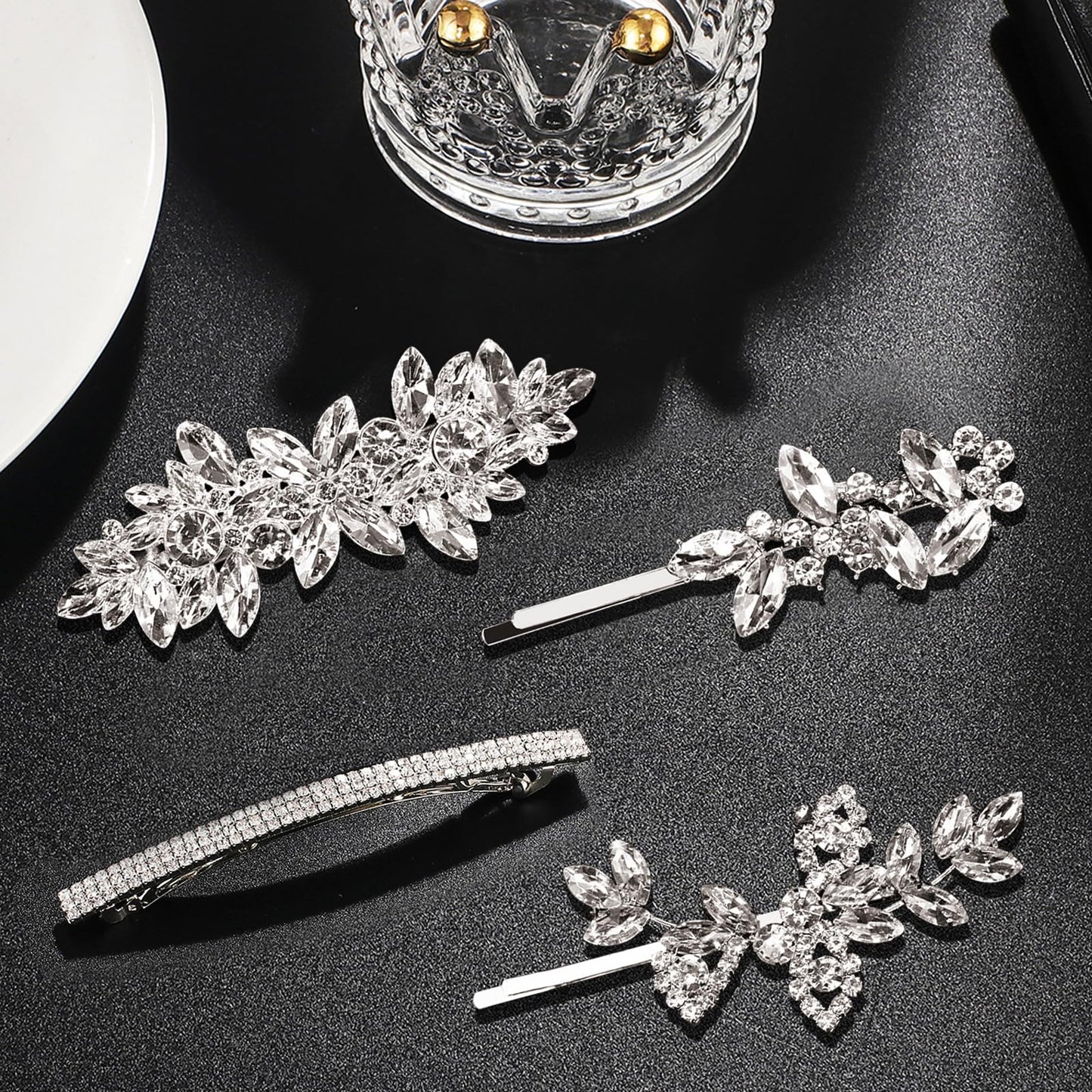 4pcs Rhinestone Hair Barrettes for Women Leaf Wedding Hair Pins Crystal Bobby Pins Silver Bridal Hairpin Clips for Brides Bridesmaids Flower Girls