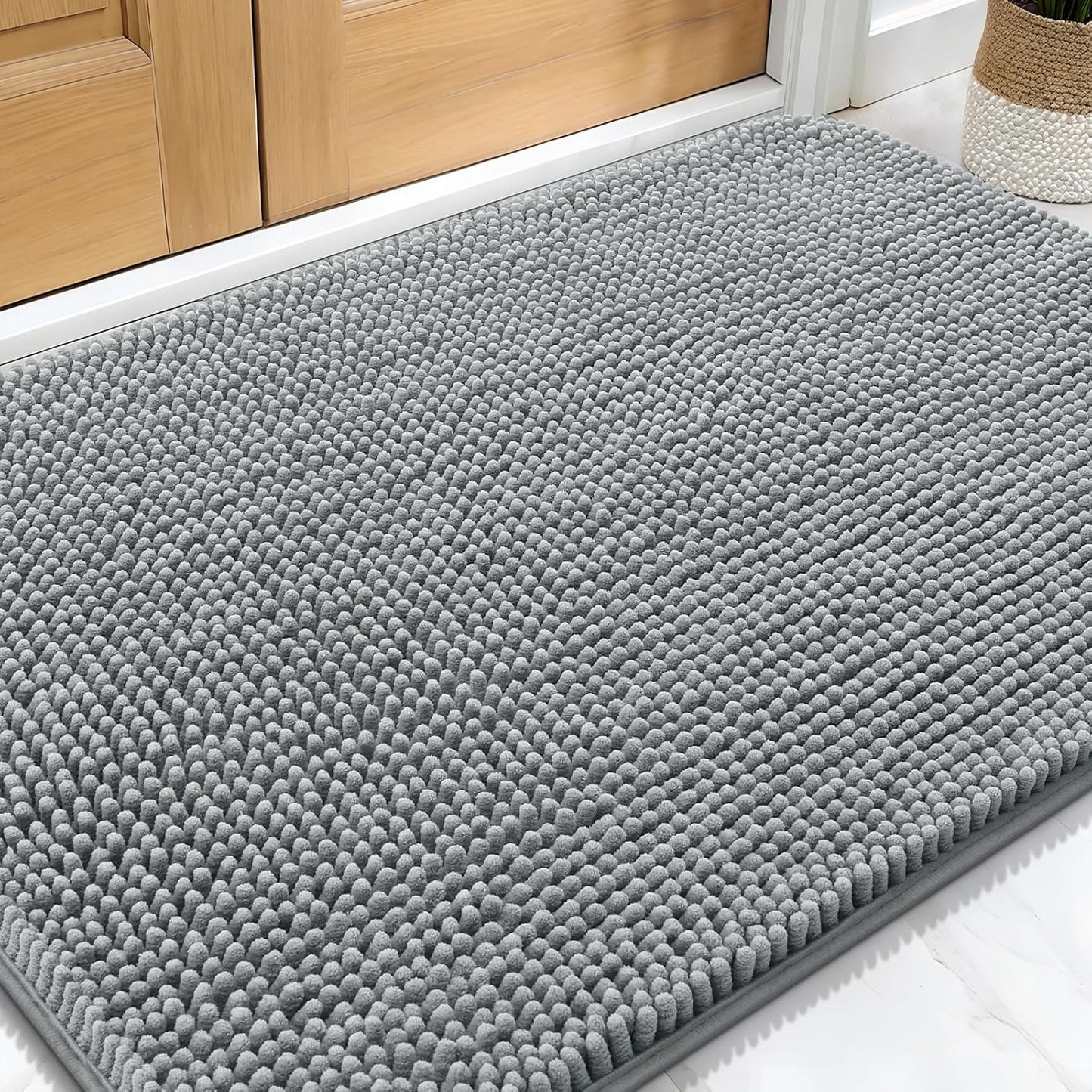 Dog Door Mat for Muddy Paws - Absorbent Non-Slip Washable Chenille Doormat | 30x20 Grey