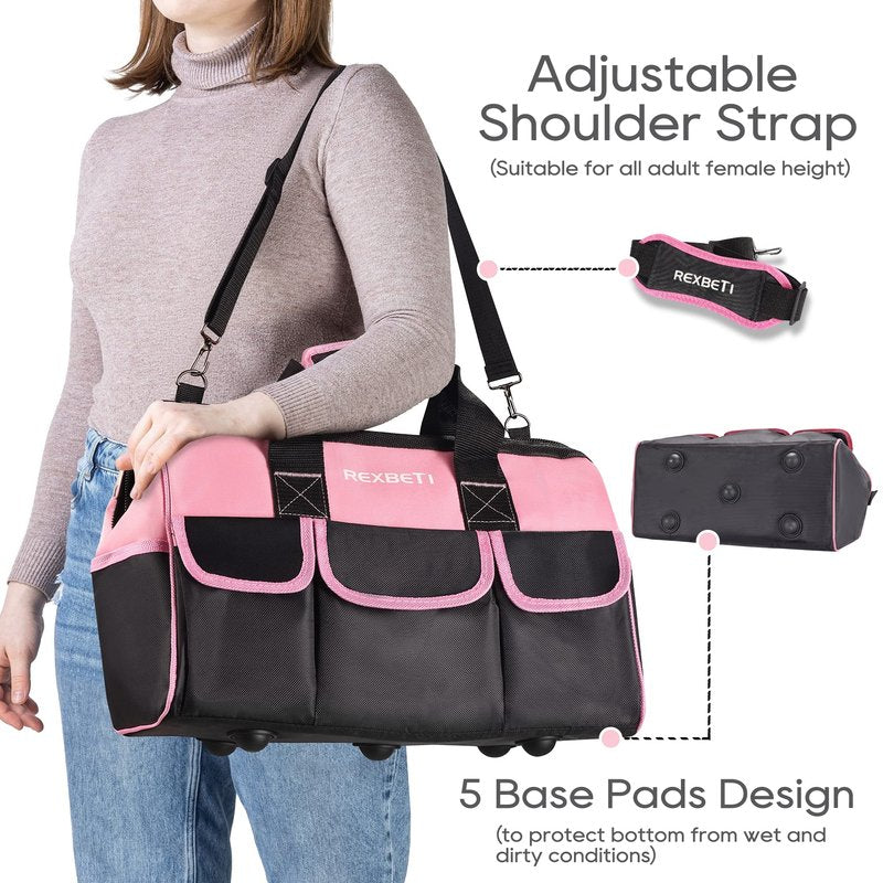 REXBETI 219-Piece Pink Tool Set, Ladies Hand Tool Set with 16 inch Tool Bag, Women Home Repairing Tool Kit, Large Mouth Opening Tool Bag with 19 Pockets, Perfect for Home Maintenance and Daily Use