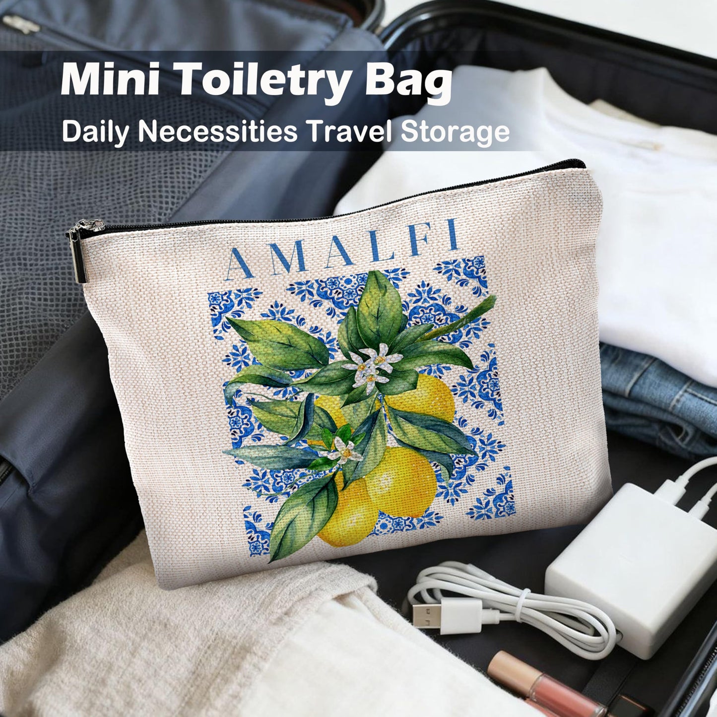 Yomisex Italian Amalfi Coast Lemon Makeup Bag, Blue and White Floral Cosmetic Bags Toiletry Bag for Women, Italian Themed Gifts, Mediterranean Tiles Lemon Tree Makeup Pouch