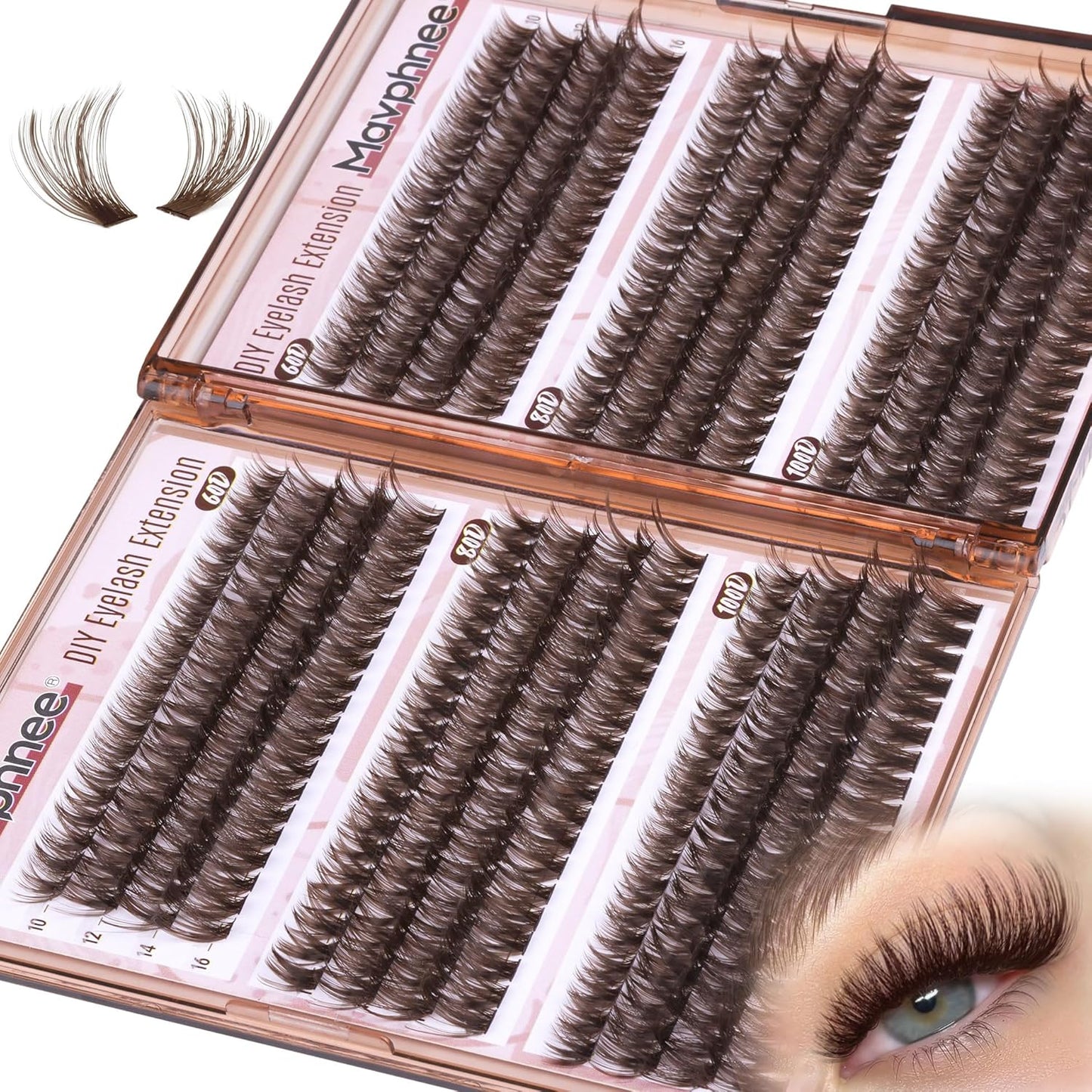 Anime Cluster Lashes - Brown Wispy Eyelash Extensions | C-Curly Spiky Manga DIY Pack (108 Pcs, 10-16MM)