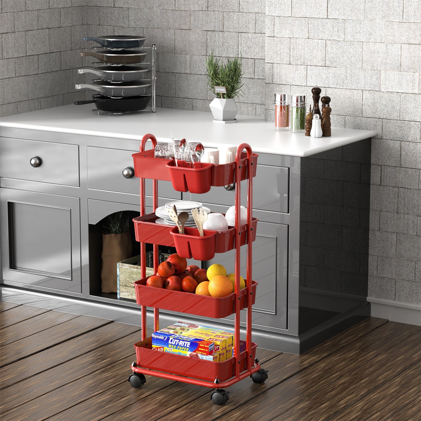 Simple Houseware 4-Tier Rolling Utility Cart with Hanging Bucket, Red