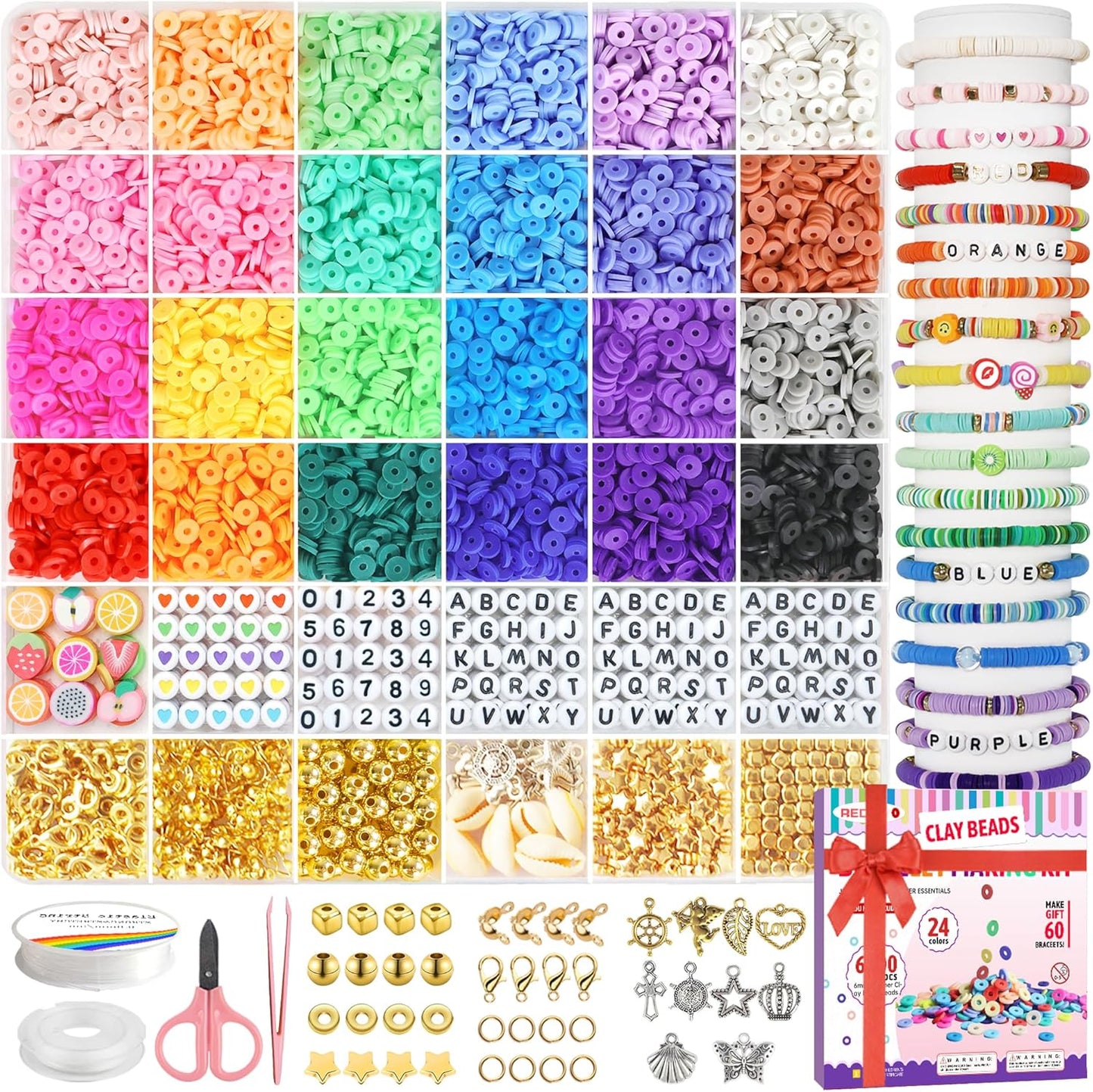 Clay Beads Bracelet Making Kit - Flat Preppy Polymer Heishi Beads with Charms | Craft Gifts for Girls Ages 8-12