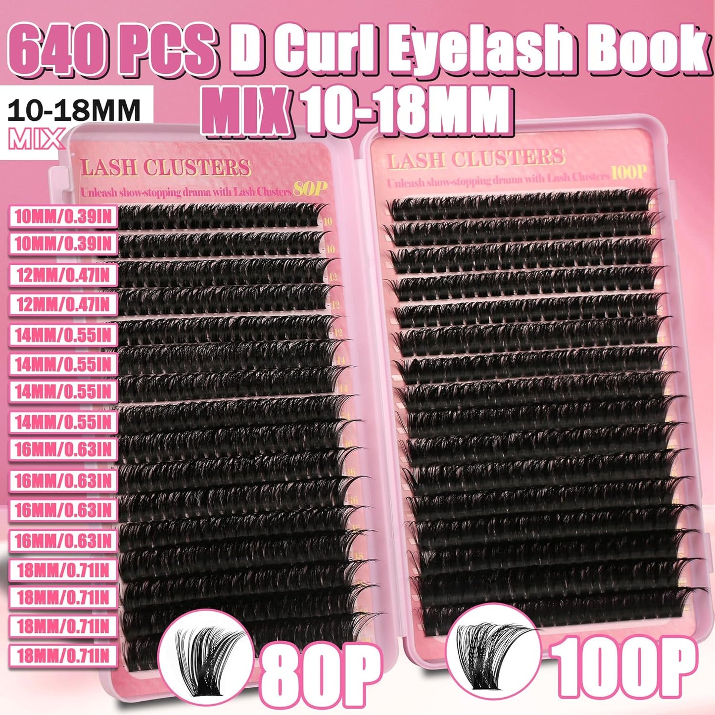 Lash Extension Kit - 640 Pcs Volume C Curl Eyelash Clusters | DIY Cluster Extensions with Bond & Tweezers