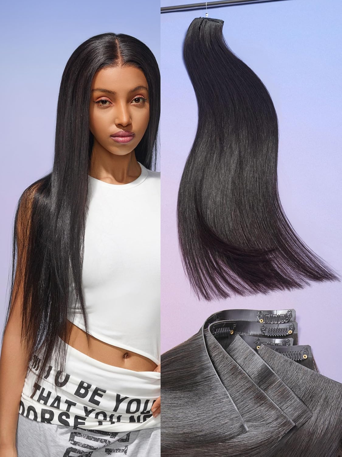 LUVME Invisible Clip-In Hair Extensions - 0.59mm Yaki Straight 24 Inch, 100% Real Human Hair, 6 Pcs 100g | Wider Wefts for Easy Sectioning