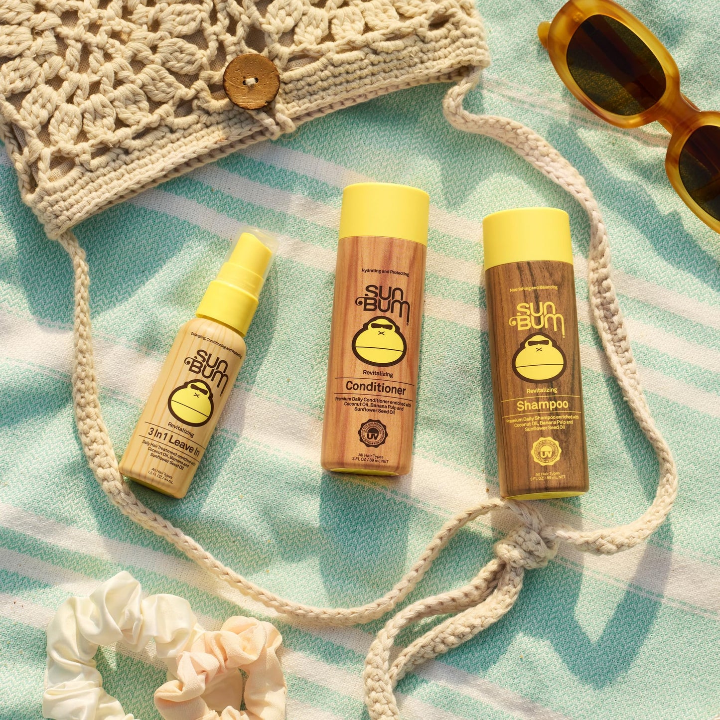 Sun Bum Revitalizing 3 in 1 Leave In Conditioner - Anti Frizz Detangler - Color Friendly with UV Protection - Enriched with Coconut Oil and Banana - Travel Friendly 1.5 oz (Pack of 3)