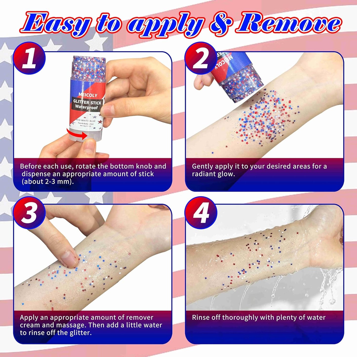Red White and Blue Star Face Glitter Stick - Waterproof USA Flag Makeup | 4th of July Accessories for Women & Kids