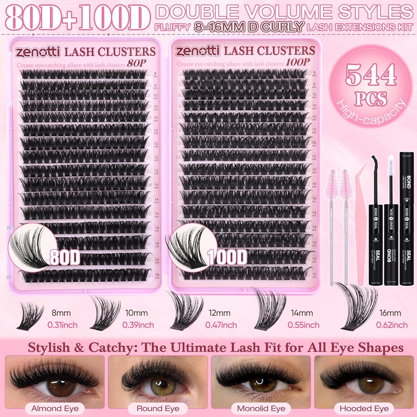 Lash Clusters Kit - Fluffy 80D & 100D Wispy Eyelash Extensions | 544PCS, DIY Individual Lashes 8-16mm