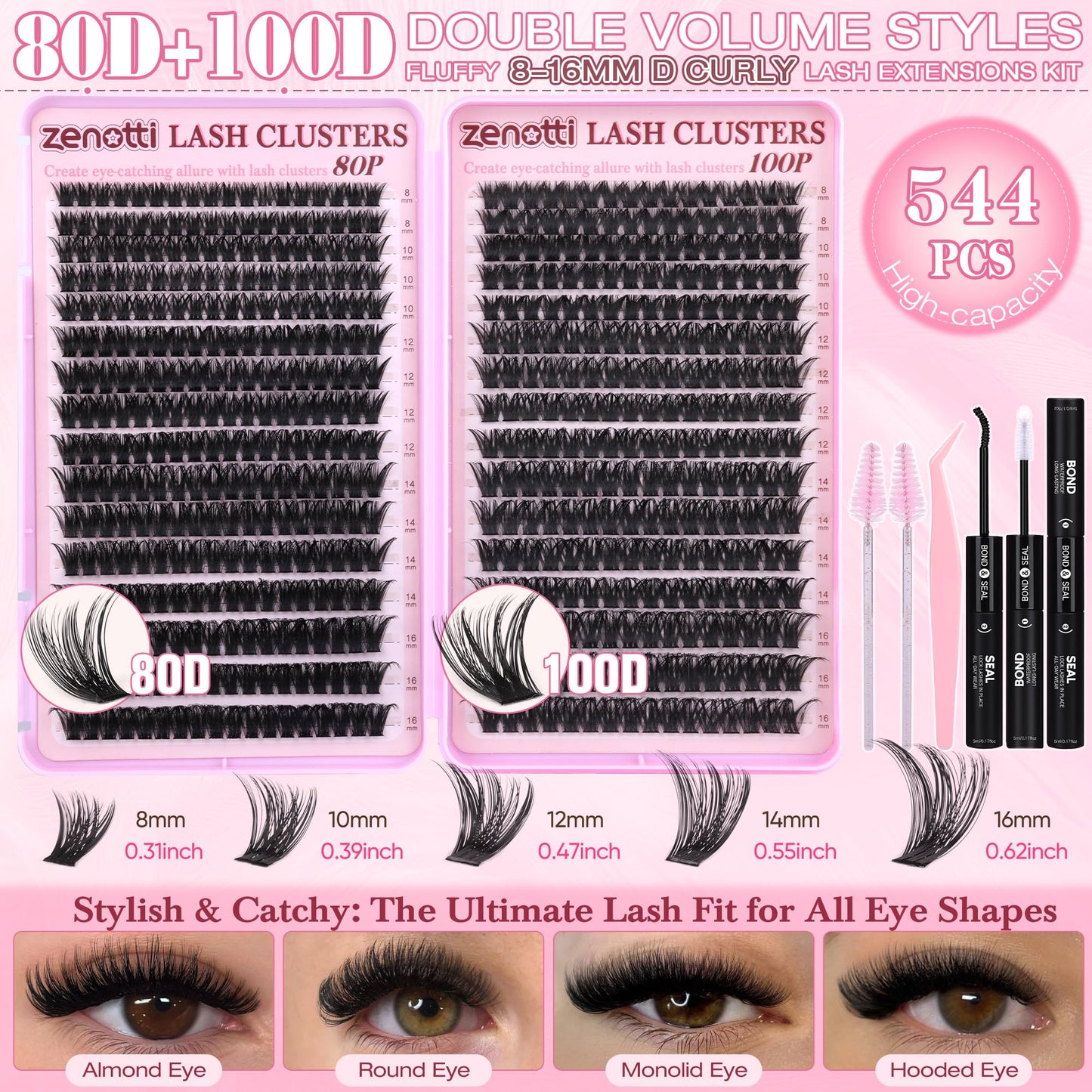 Lash Clusters Kit Fluffy 80D 100D Eyelash Clusters Kit 544PCS Wispy Cluster Eyelash Extensions D Curly Individual Lashes 8-16mm Soft Band DIY at Home with Lash Bond&Seal Tweezers Brush by zenotti