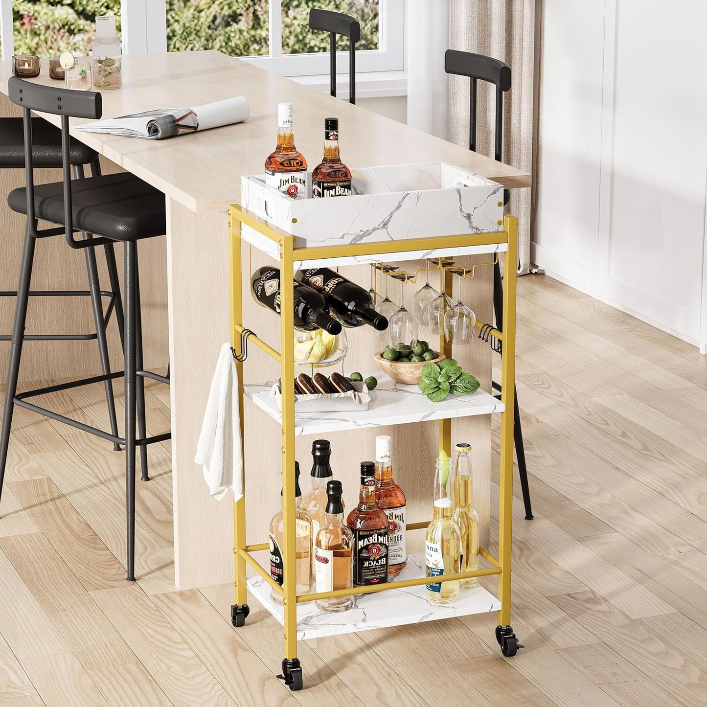 Gold Bar Cart - 3-Tier Rolling Beverage Cart with Removable Tray & Wine Rack | Stylish Small Drink Cart for Kitchen & Living Room