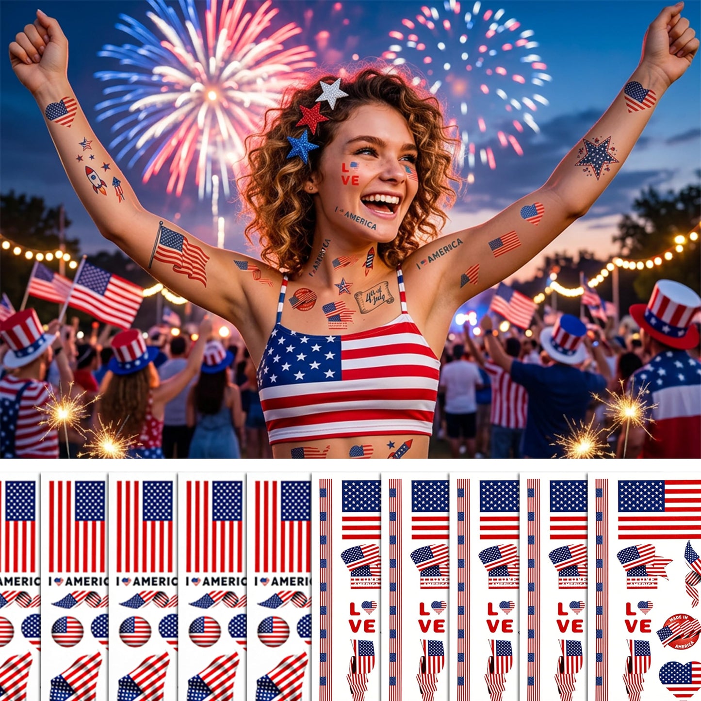 echosari 4th of July Temporary Tattoos, 105 PCS USA Tattoo Stickers, Fourth of July Body Art Decorations for Kids Memorial Day Party Celebration