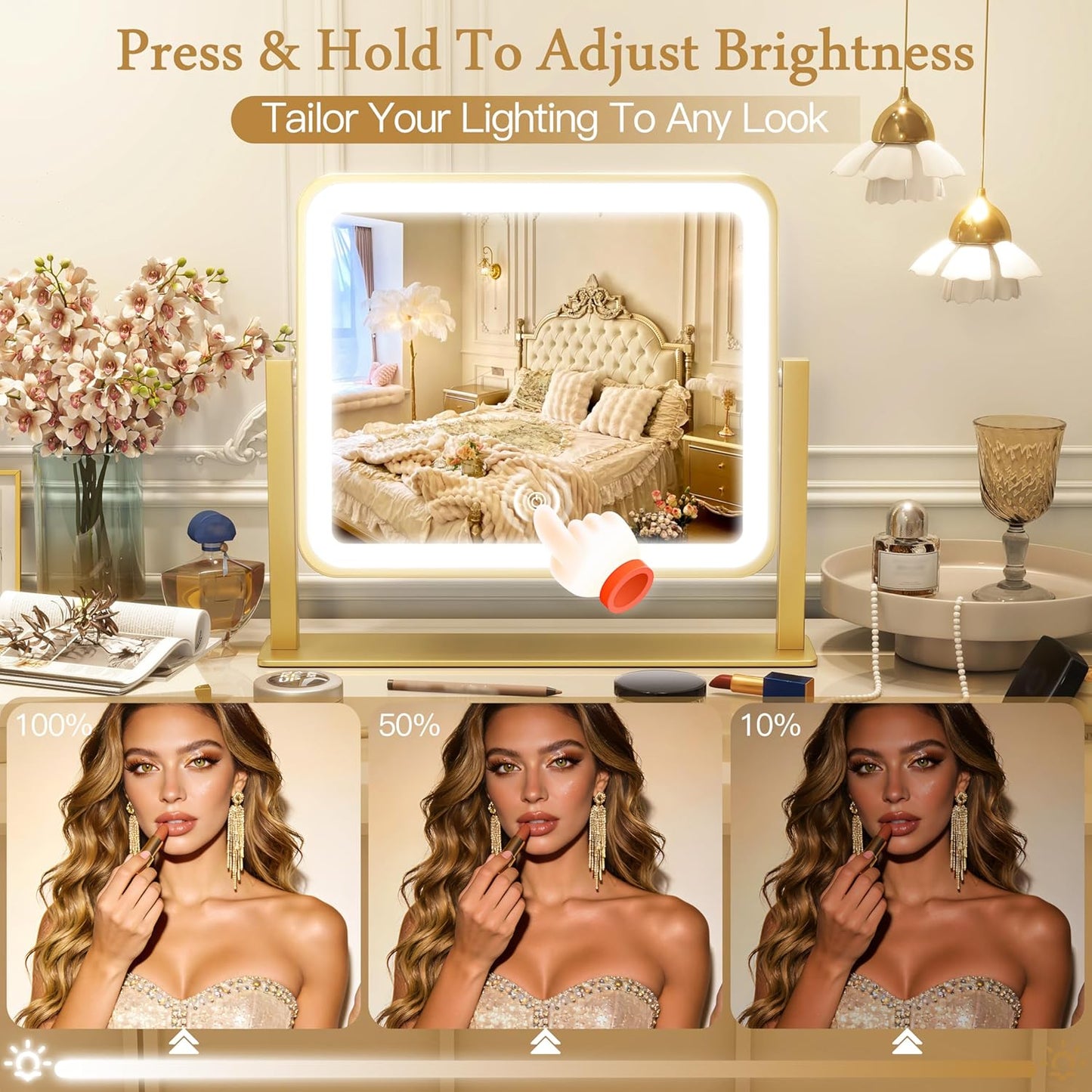 LED Vanity Mirror with Lights - 12" x 14" Small Gold Makeup Mirror | 360° Rotation, 3 Color Modes, Dimmable & Memory Function