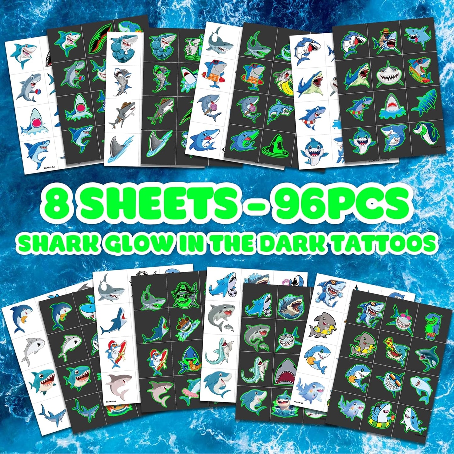 Glow In The Dark Shark Temporary Tattoos - 96 PCS Ocean Animal Party Decor | Fun Kids' Gifts & Rewards