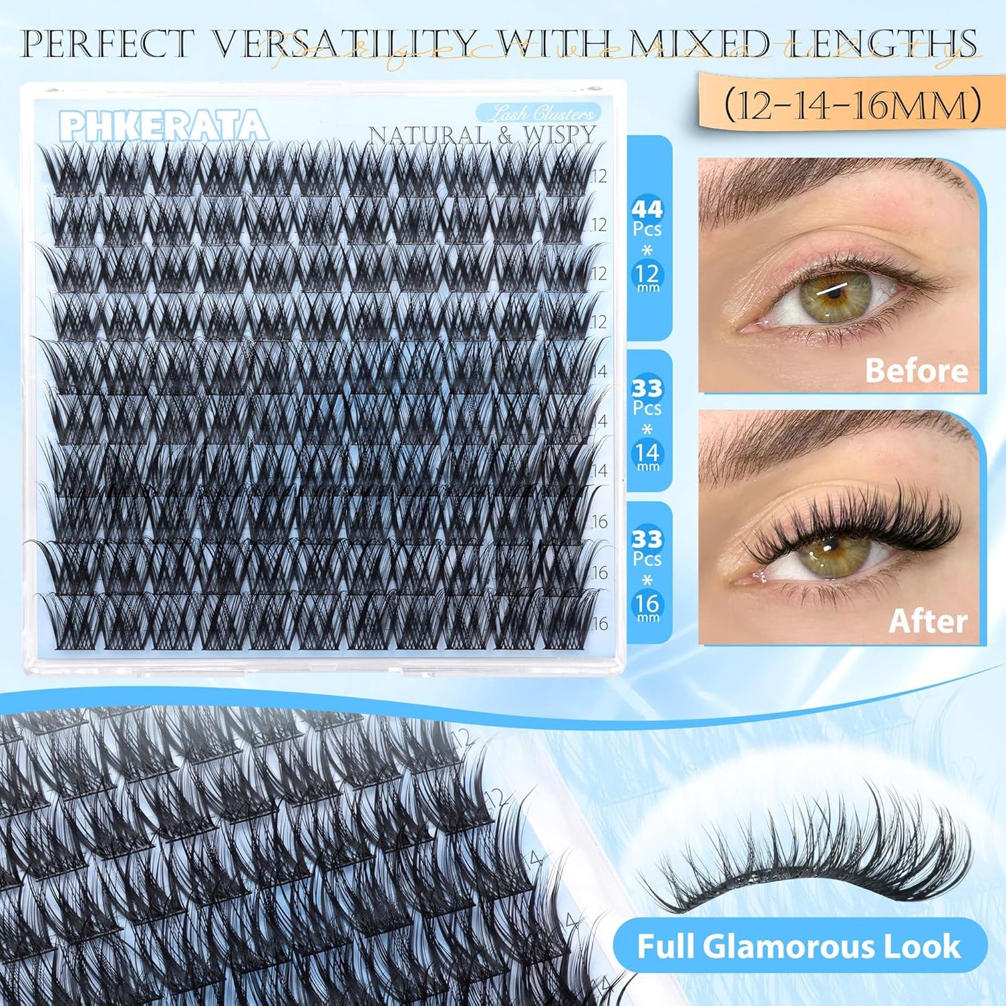 Wispy Lash Clusters - 12-14-16mm Natural Eyelash Extensions for Soft, Fluttery Look | 110 Pcs Ultra-Thin Band