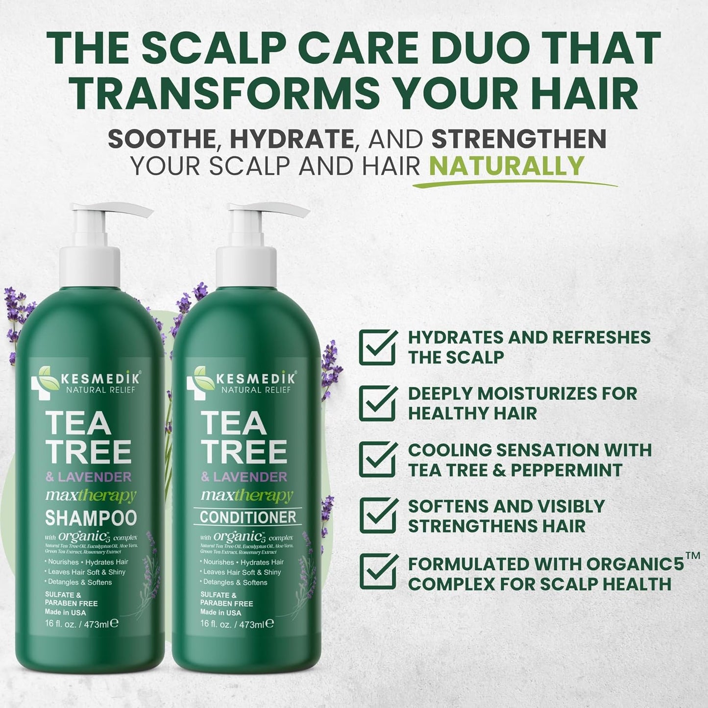 Tea Tree Lavender Shampoo & Conditioner Set - Soothes Dry, Itchy Scalp | 16 fl oz Each