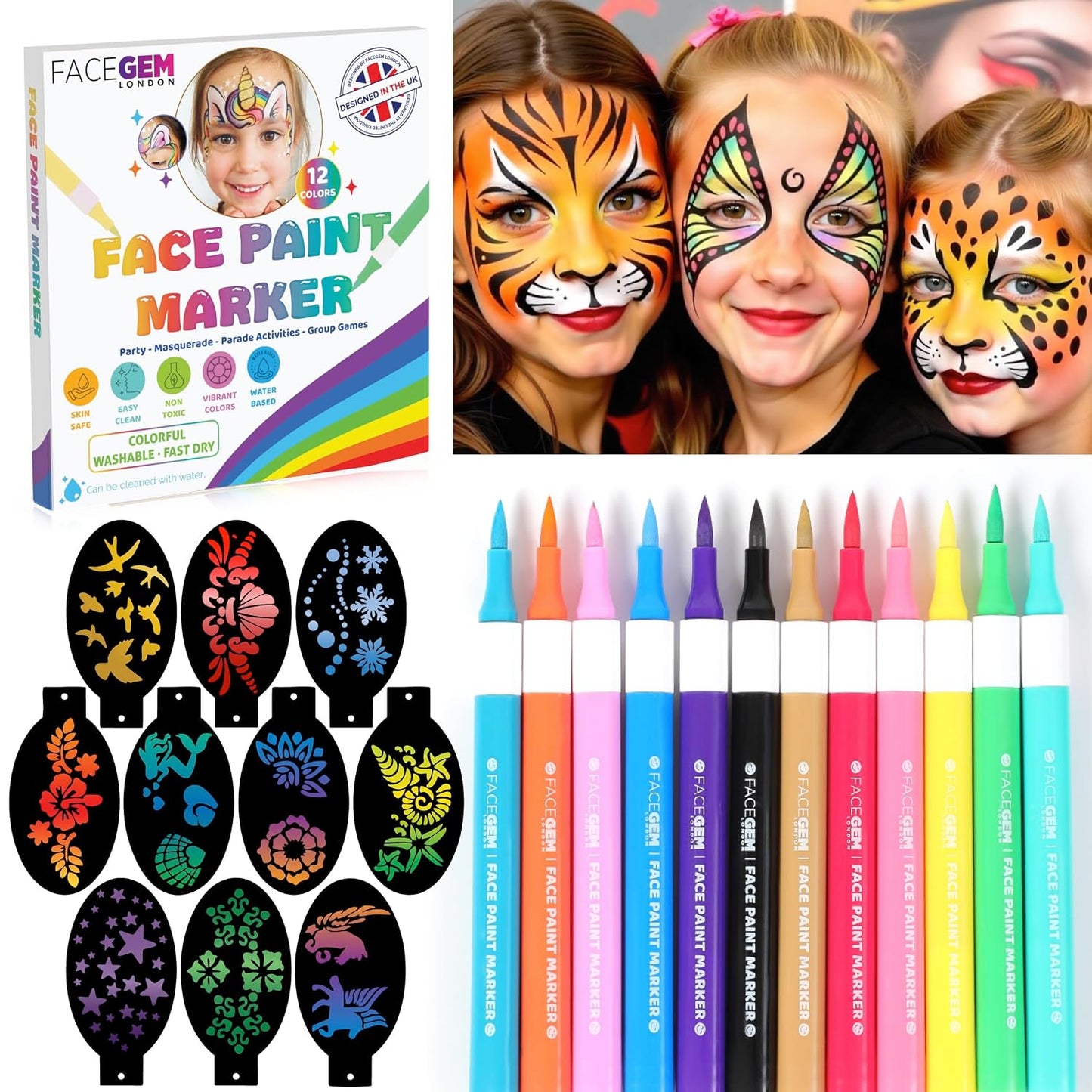 Water-Based Face Paint Kit - 12 Vibrant Colors, Fast-Drying & Washable | Mess-Free Stencils for Festivals & Parties