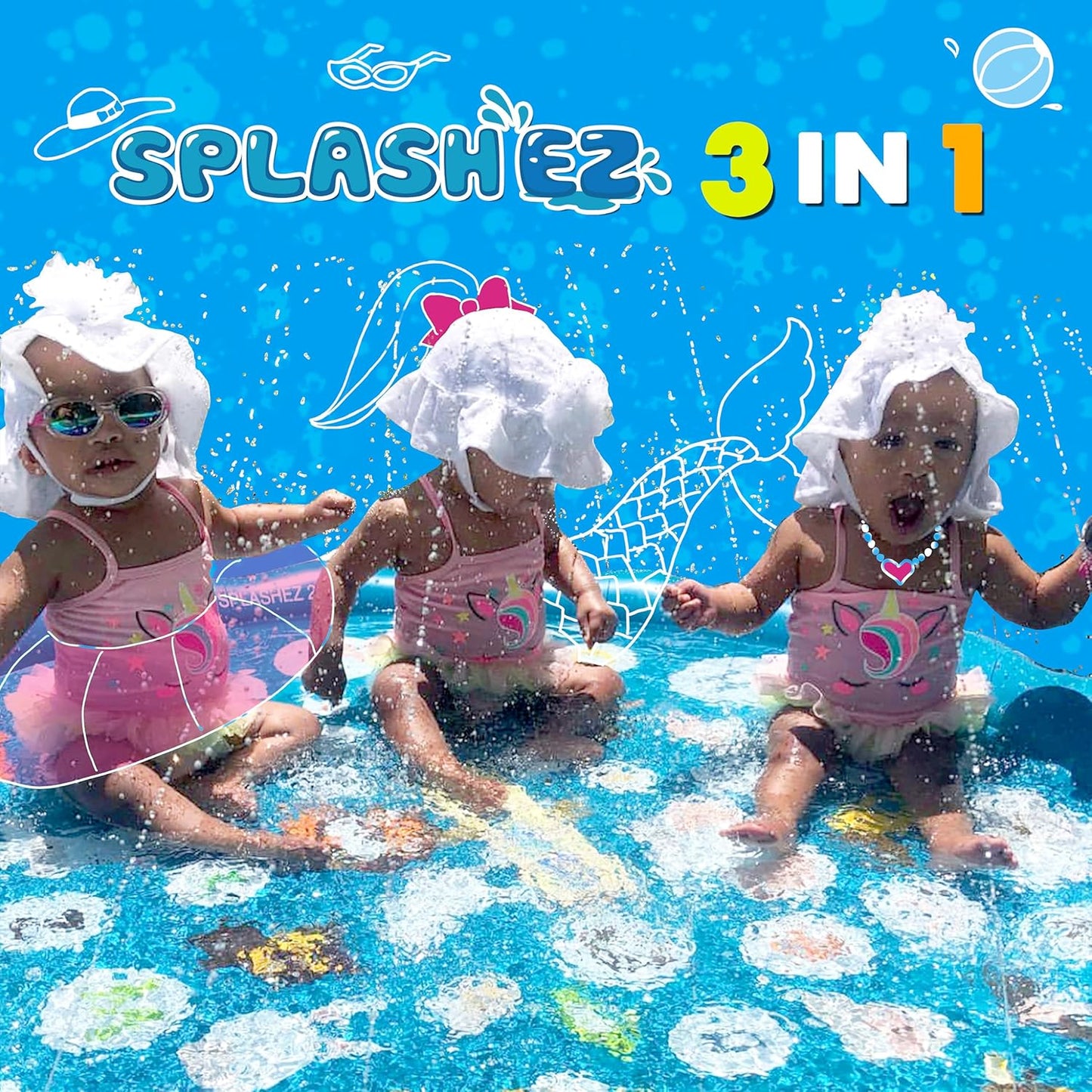 SplashEZ 3-in-1 Splash Pad | Toddler Sprinkler Pool for Learning & Outdoor Play - 60’’ Water Toys for Kids