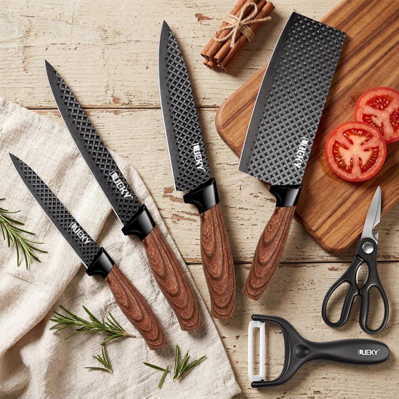 KEPEAK 6PCS Knife Set, Kitchen Knife Set with Nonstick Diamond Coating, High Carbon Stainless Steel Chef Knife Set with Cleaver and Scissors, Rustproof, Gift Box, for Home Kitchen, Chef Gifts