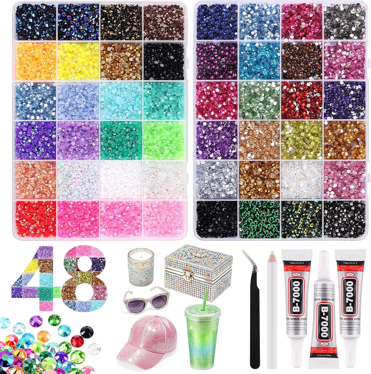 Resin Jelly Rhinestones - 48,000 Pcs 3mm Flatback Gems for DIY Crafting | 48 Colors with Glue, Tweezers & Pick-Up Pen