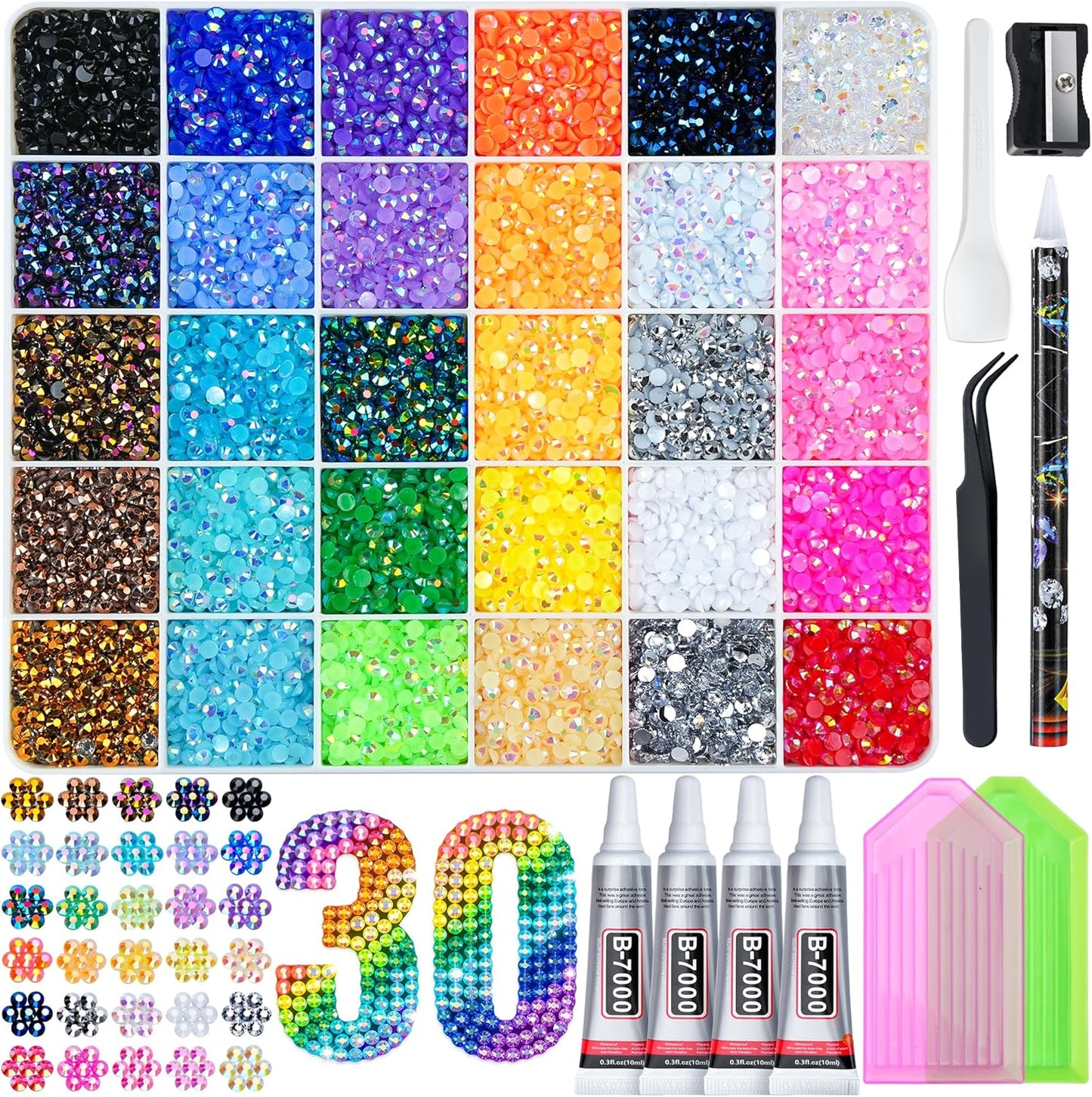 Resin Jelly Rhinestones Kit - 40000 Pcs 3mm Flatback Gems in 30 Colors | Complete DIY Bedazzling Set with B7000 Glue & Tools