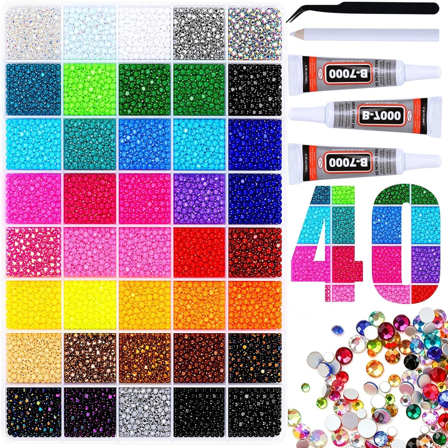 Flatback Rhinestones Bedazzling Kit - 40 Colors, 40000 Pcs with 3 Bottles B7000 Glue for Crafts | Jewelry, Clothes, Nails