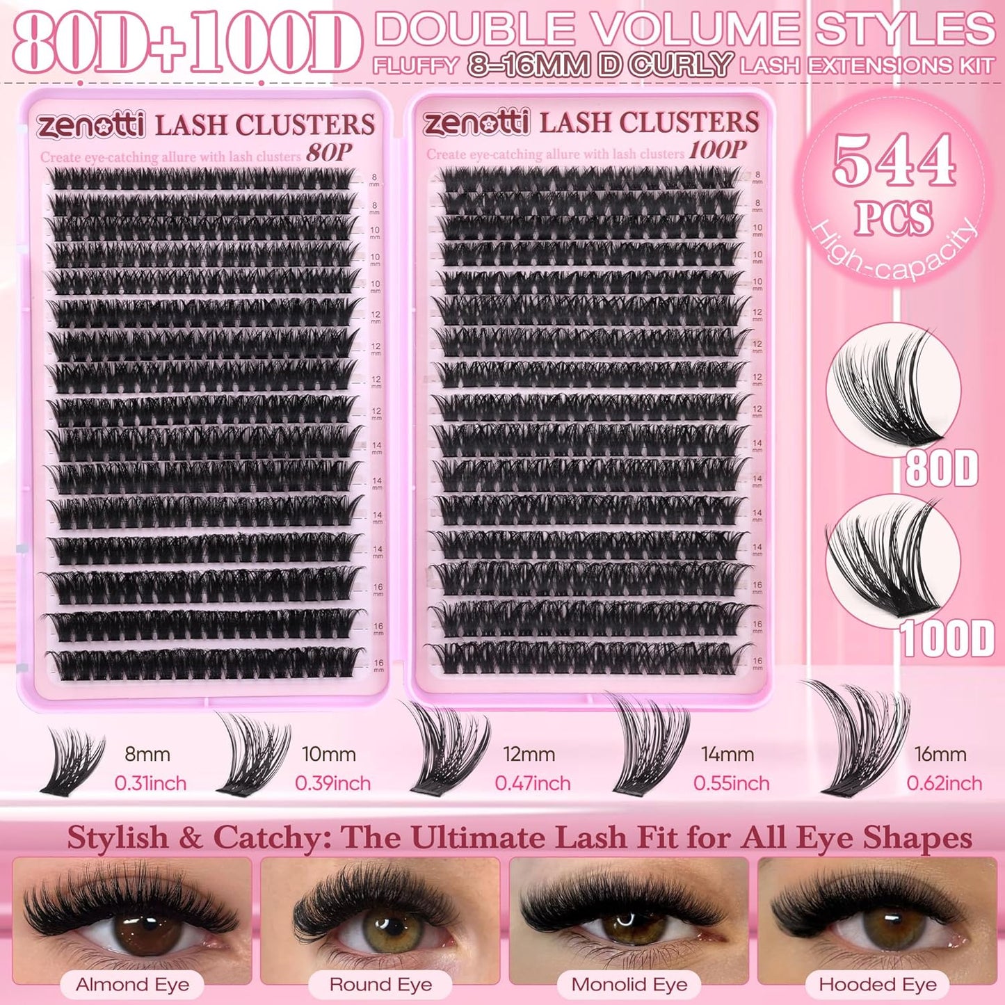 Eyelash Clusters - 80D 100D Wispy Fluffy Extensions | 544PCS D Curly 8-16MM Individual Lashes for Beginners