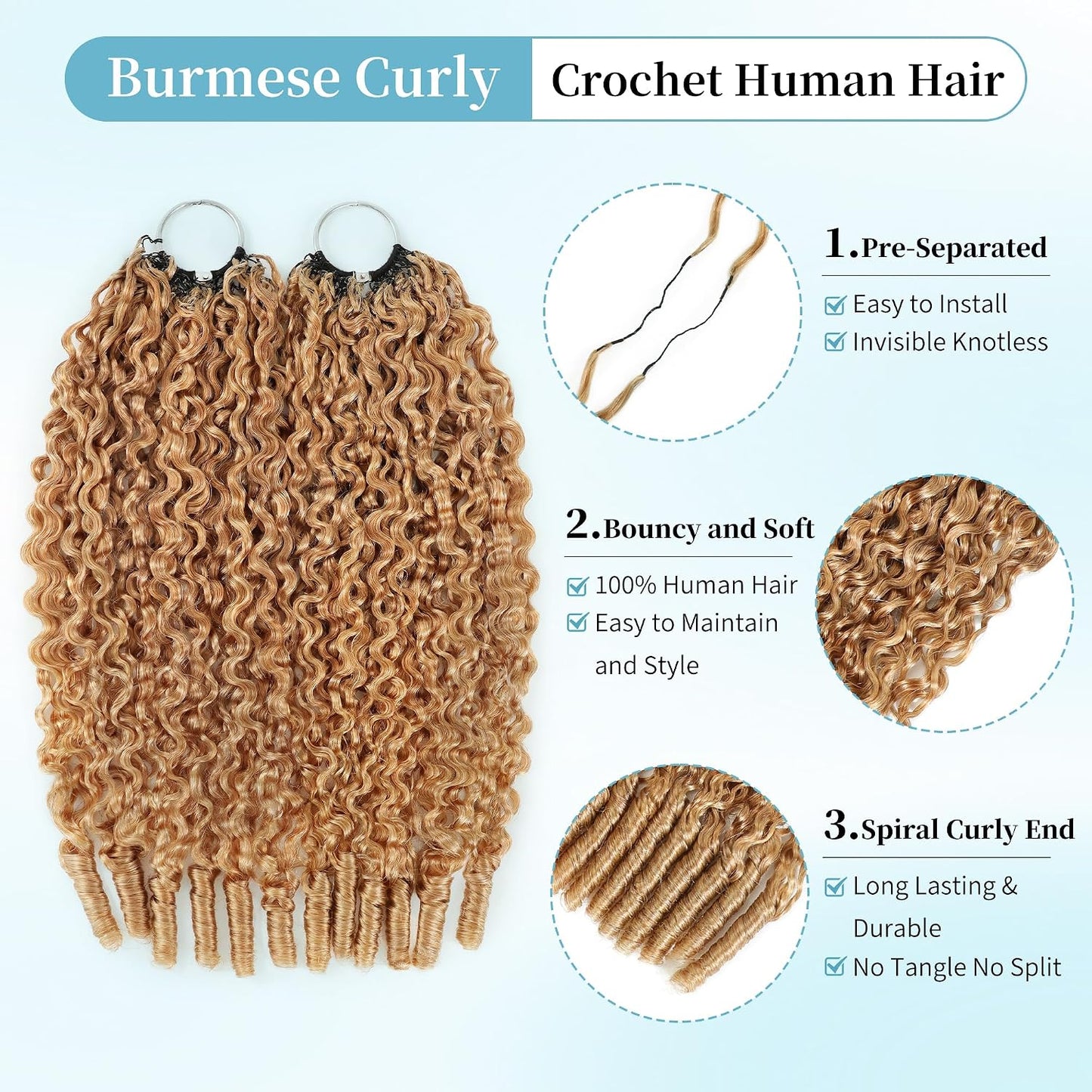 Honey Blonde Human Crochet Hair - 14 Inch Burmese Curly Extensions for Black Women | 120g Pre-Separated Bundles