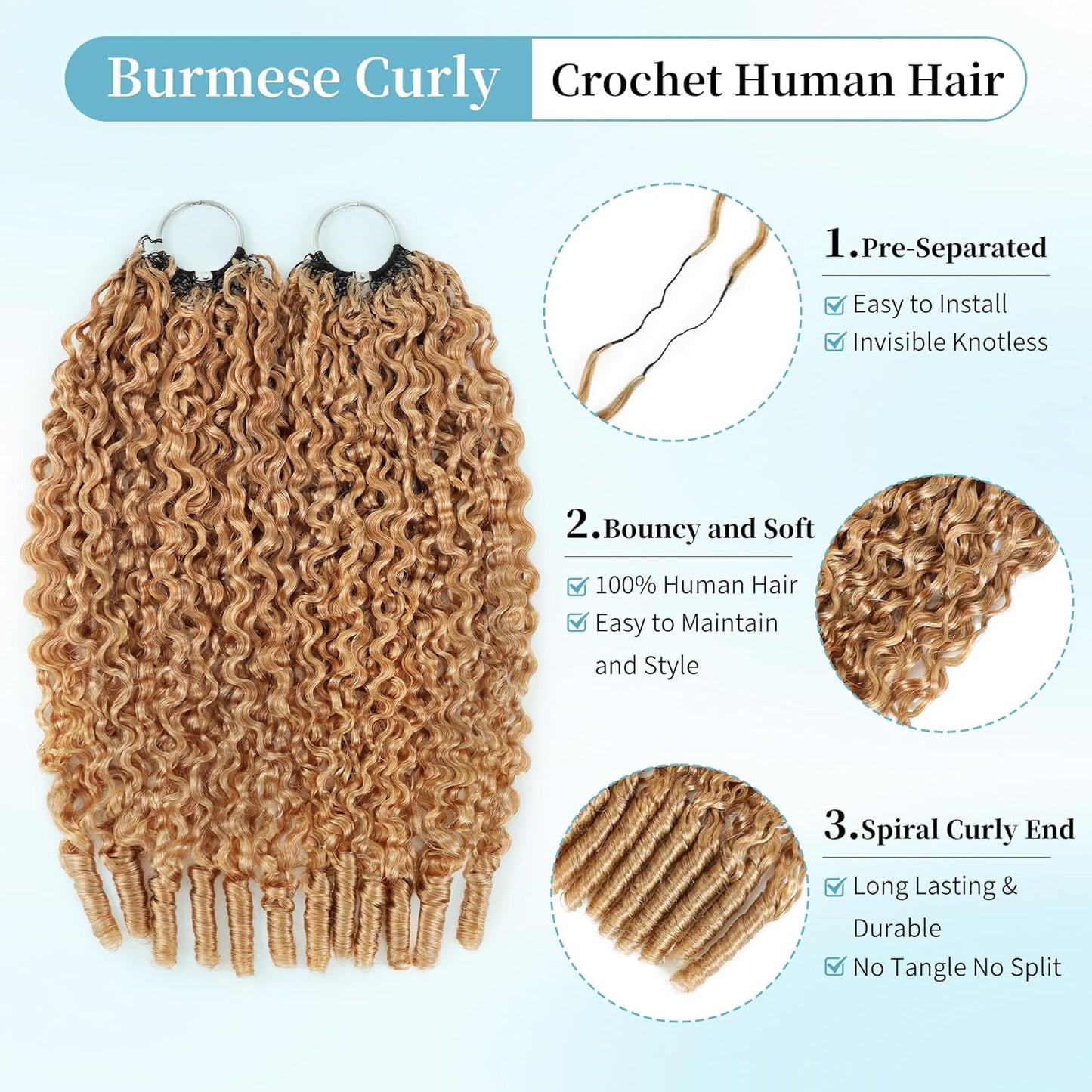 Honey Blonde Human Crochet Hair - 20 Inch Burmese Curly Extensions for Black Women | 120g Pre-Separated Bundles