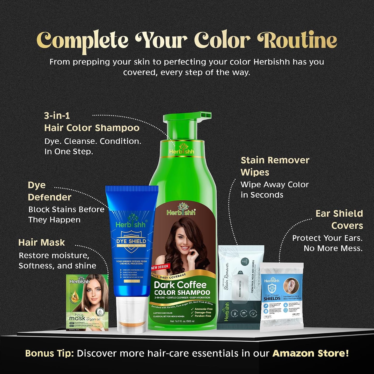 Herbishh Hair Color Shampoo for Gray Hair - Natural 3-in-1 Dye | Dark Coffee, 500ML, Lasts 3-4 Weeks