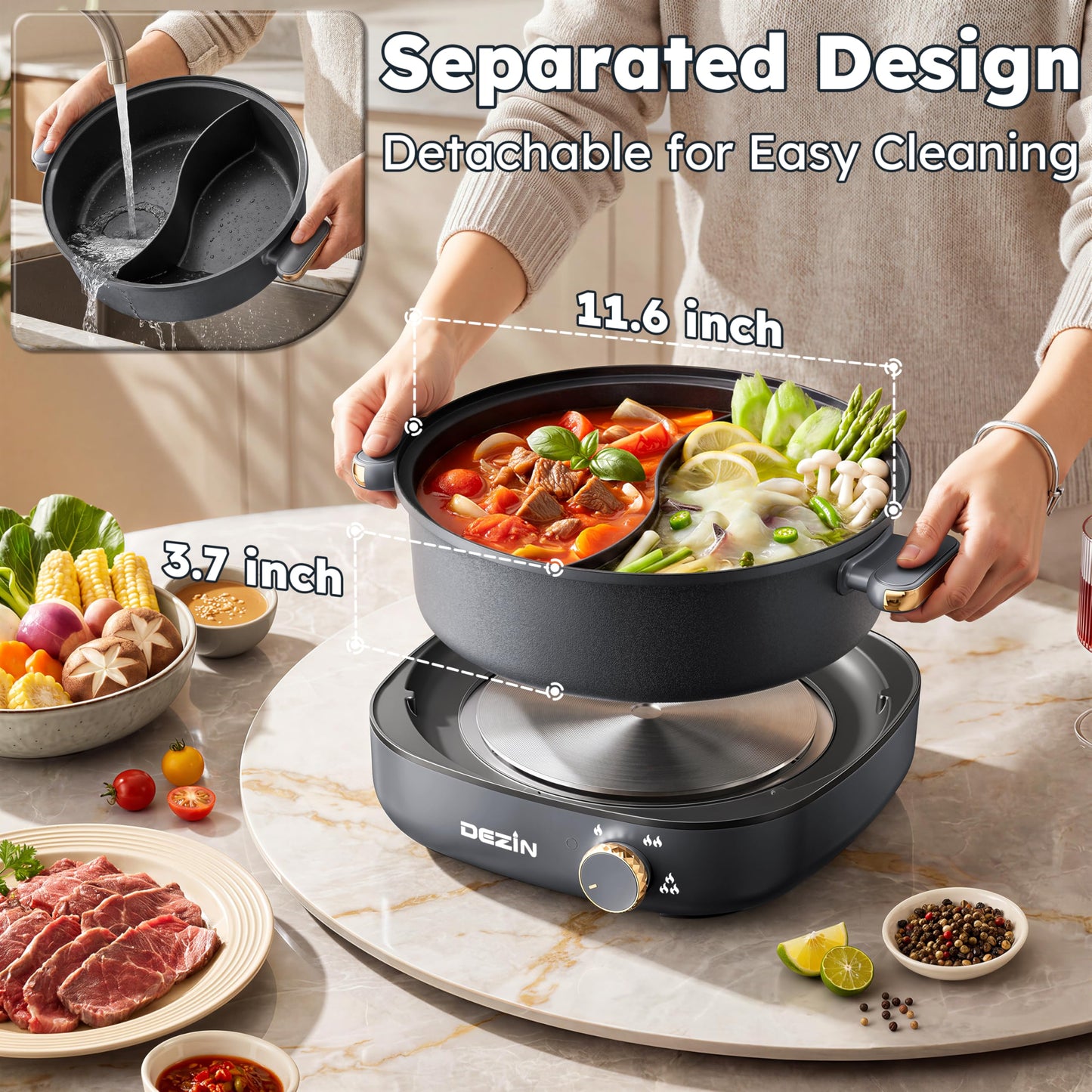Dezin Hot Pot Electric with Divider, 4L Dual-Flavor Electric Shabu Shabu Pot, Removable Nonstick Pot Easy to Clean, Multi-Power Control for Family & Friends Gathering, Silicone Ladle Included