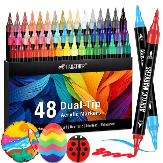 Pagather 48 Colors Acrylic Paint Markers, Dual Tip with Fine Tip and Brush Tip Pens for Fabric, Stone, Wood, Canvas, Ceramic, Metal, Glass, Rock Painting, DIY Crafts