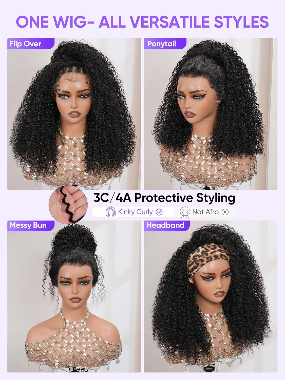Kinky Curly Half Wig - Virgin Human Hair 1B | Glueless Drawstring | 22" True Length for Active Wear