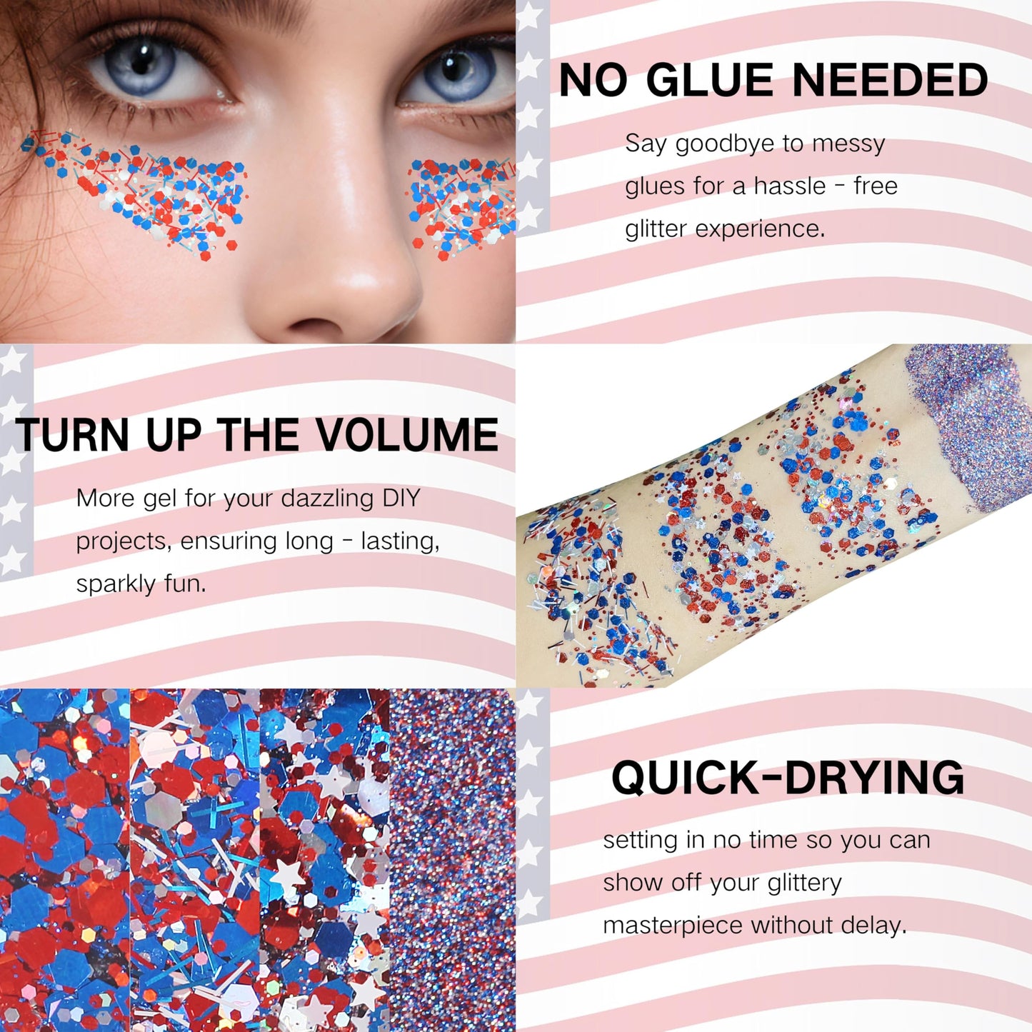 Paminify 4 Jars Red White Blue Hair Glitter,4th of July Body Face Glitter,USA Star Patriotic Sparkle Makeup for Football Games,Fourth of July Outfits for Women,Independence Day Accessories,40g/1.41 oz
