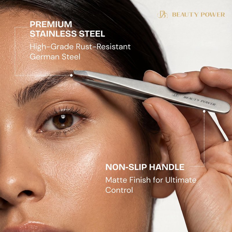 Beauty Power Professional Tweezers Set – Slant & Point, Ultra Precision German Stainless Steel Tweezers for Eyebrows, Chin, Ingrown Hair & Facial Grooming – Lightweight with Case - Gift Idea - Gold