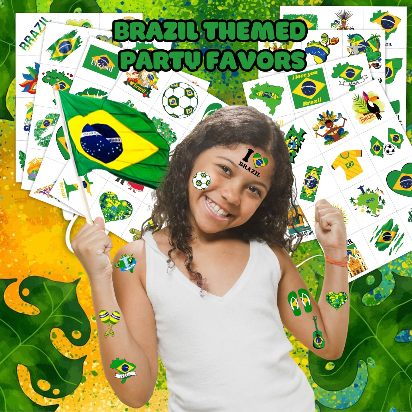 96 PCS Brazil Temporary Tattoos for Kids - Brazilian Flag Soccer Theme Birthday Party Favors, Carnival Decorations, Waterproof Fake Tattoo Stickers for Boys Girls Goodie Bags