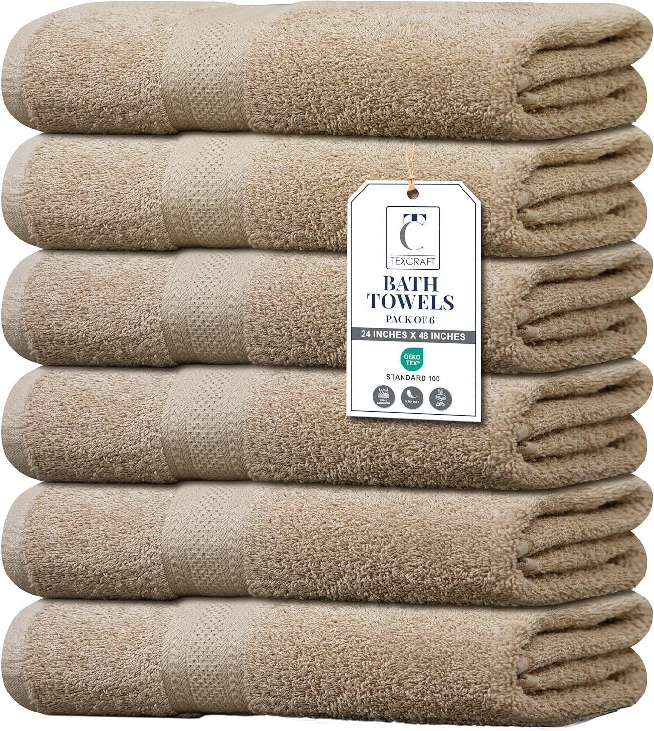 Large Bath Towels Set of 6 - 100% Cotton Terry, Quick Dry & Soft - 24" x 50", Grey for Bathroom, Gym & Spa