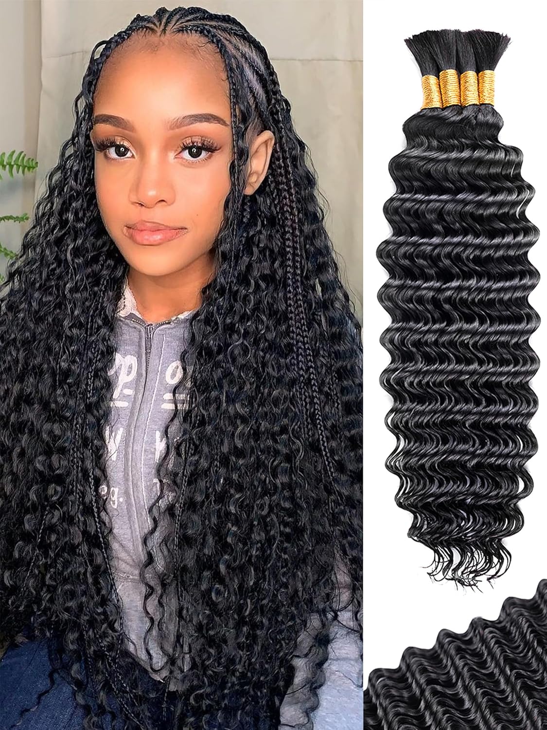 Human Braiding Hair - 18 Inch Deep Wave Bulk Extensions | 4 Bundles, No Weft, 10A Quality