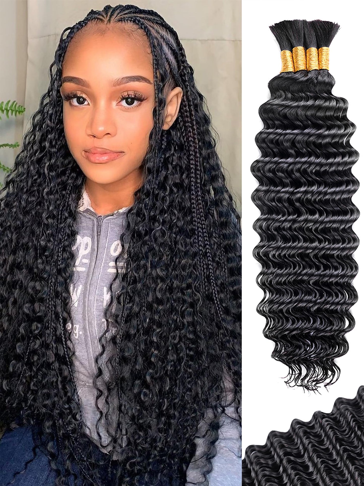 Human Braiding Hair for Boho Braids Deep Wave Bundles Natural Black #1B