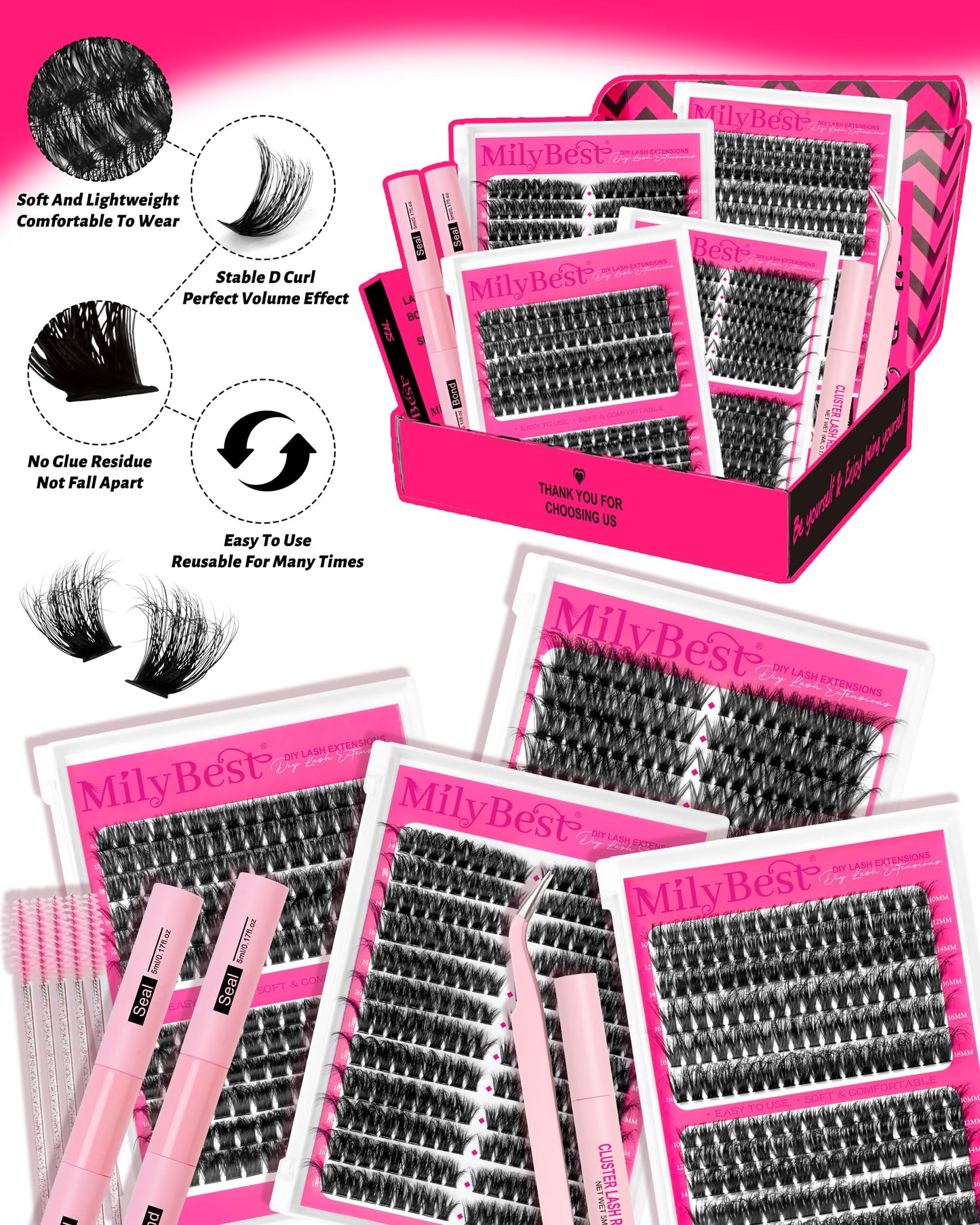 MilyBest 4 Styles Lash Clusters Kit 864Pcs Eyelash Clusters Lash Kit Volume Lashes Clusters D Curl DIY Individual False Eyelashes with 2 Bond&Seal Wispy Bulk Cluster Eyelash Extensions Kit De Pestañas