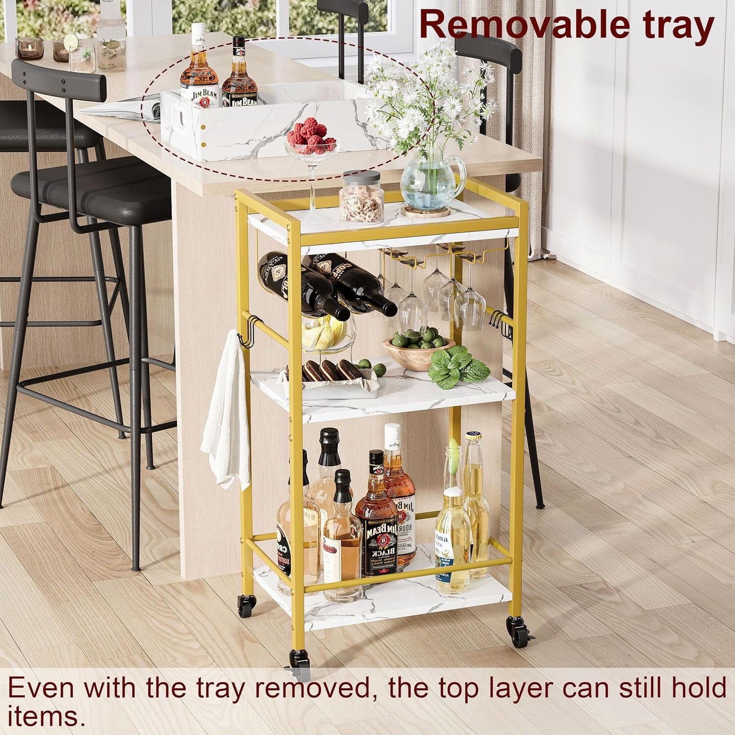 Gold Bar Cart - 3-Tier Rolling Beverage Cart with Removable Tray & Wine Rack | Stylish Small Drink Cart for Kitchen & Living Room