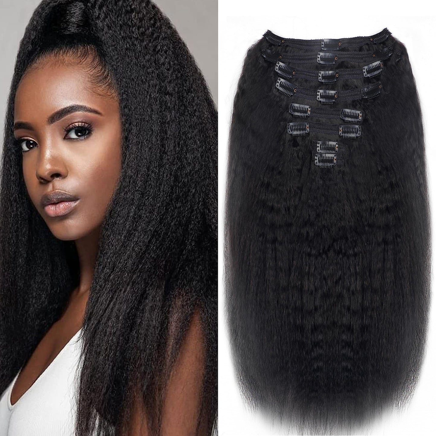 Mihugass Kinky Straight Clip In Hair Extensions Human Hair For Black Women Kinky Straight Clip Ins #1B Natural Color Full Volume Natural Texture for Daily Wear Work Travel 8pcs 120g 22 Inch