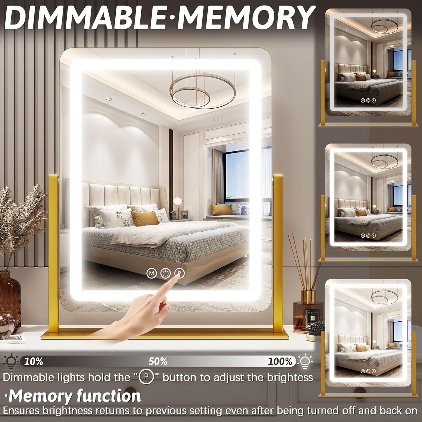 FENNIO 22-Inch LED Lighted Makeup Mirror - Dimmable Touch Screen with 3-Color Lighting | Gold Finish